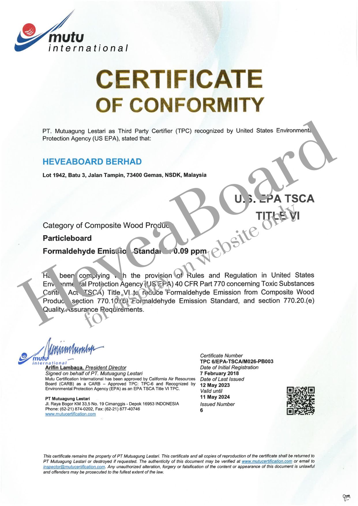 US EPA Certificate of Conformity